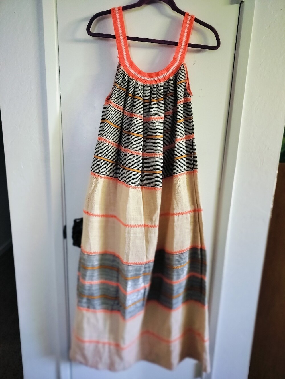 Vintage 1960s/70s Handmade Striped Maxi Dress with Crocheted Neon Coral Bib